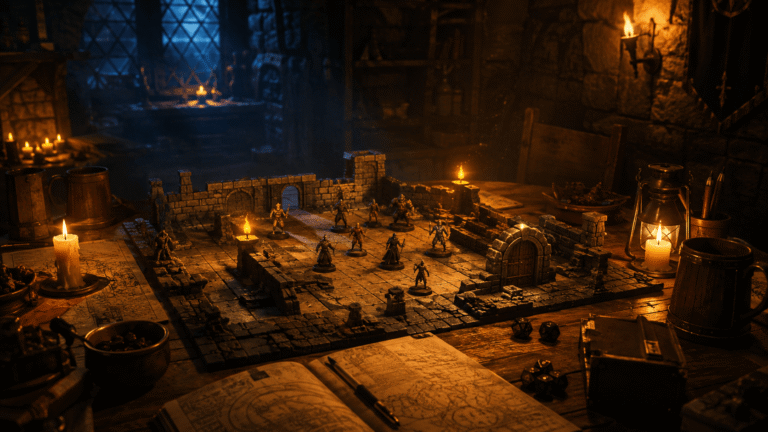 ambiance de donjon immersive sur une table de jeu de rôle éclairée à la bougie