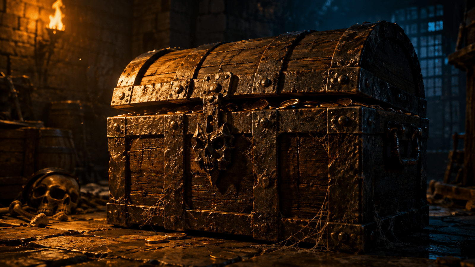 coffre de donjon au centre d'une salle, décor immersif pour une table de jeu de rôle