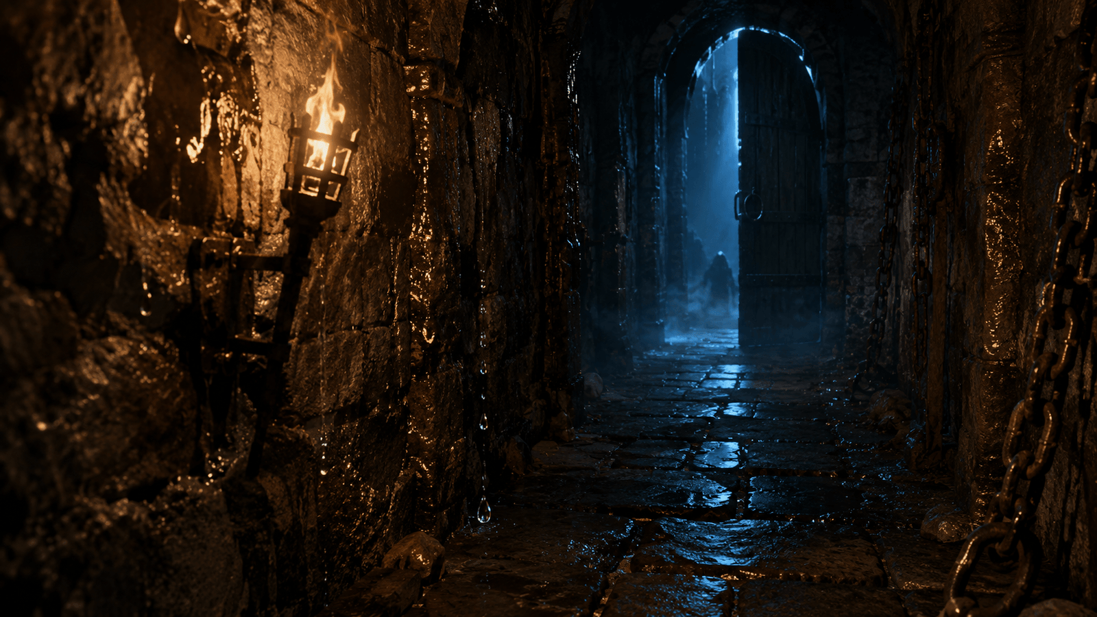 couloir de donjon sombre évoquant l'ambiance sonore d'une partie de jeu de rôle