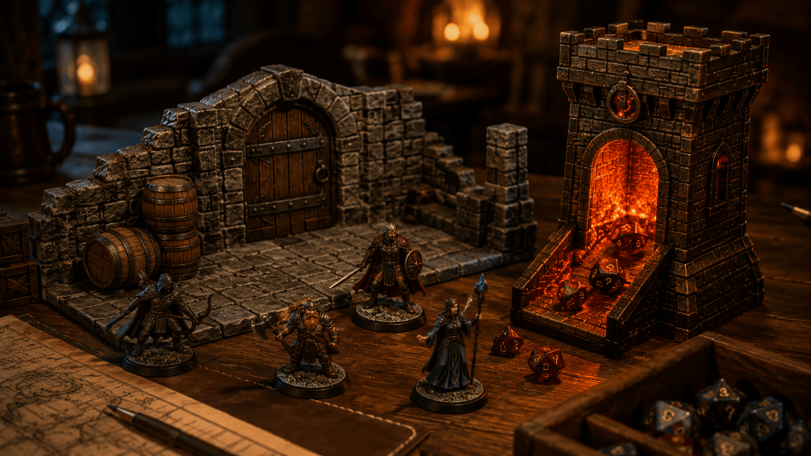 décors de donjon 3D et figurines créant une ambiance de partie de jeu de rôle