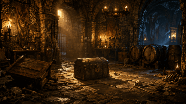 meubler un donjon : salle de pierre avec table, tonneaux et coffre à la lueur des torches