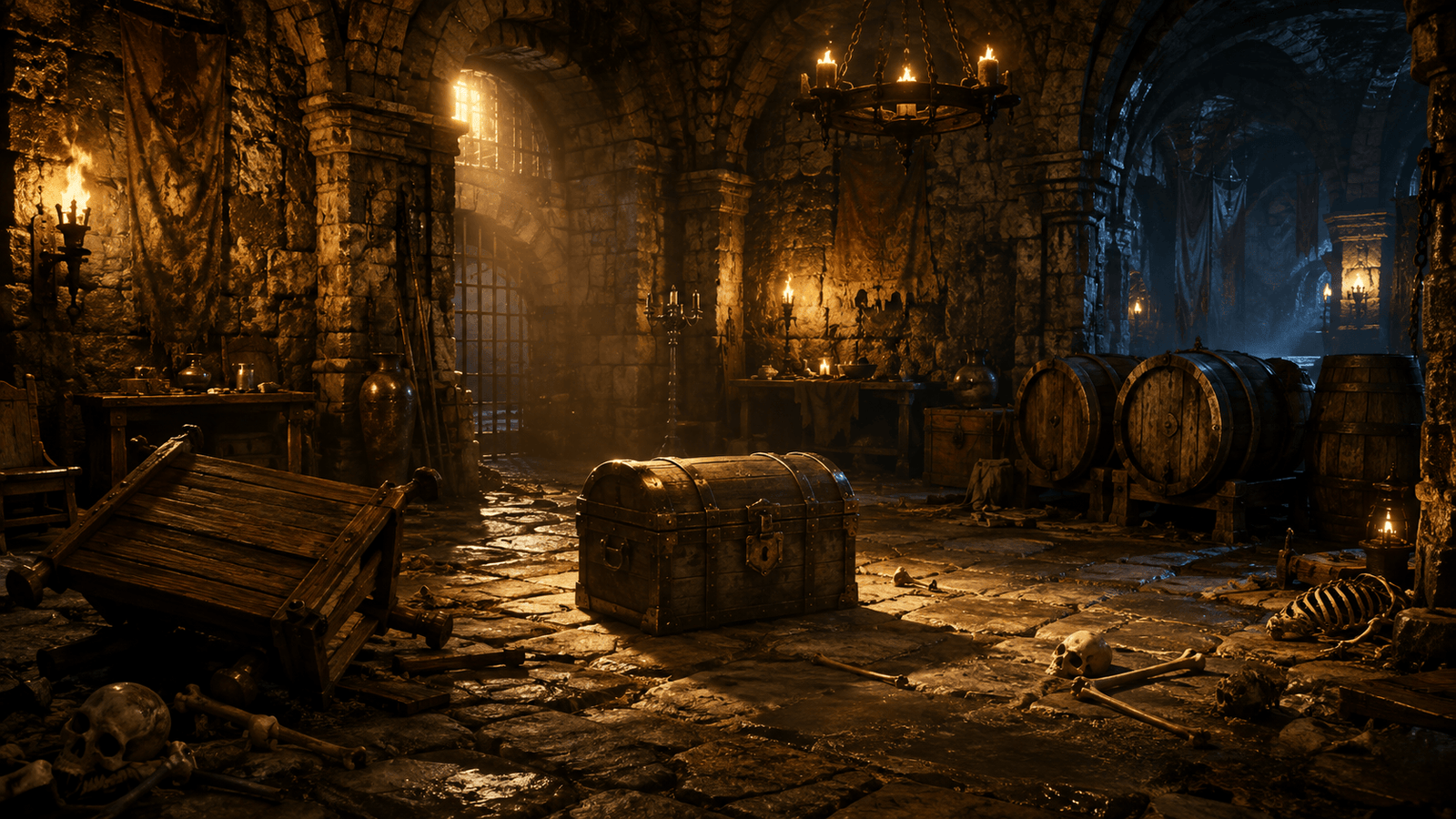 meubler un donjon : salle de pierre avec table, tonneaux et coffre à la lueur des torches